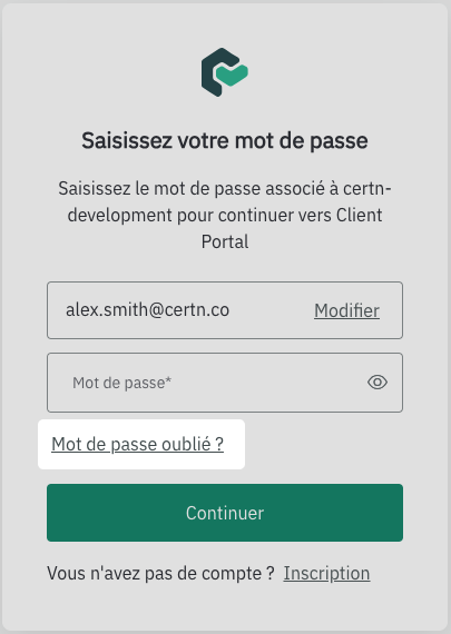 La page de connexion de CertnCentric est affichée, et le lien Mot de passe oublié ? sous le champ du mot de passe est mis en surbrillance.
