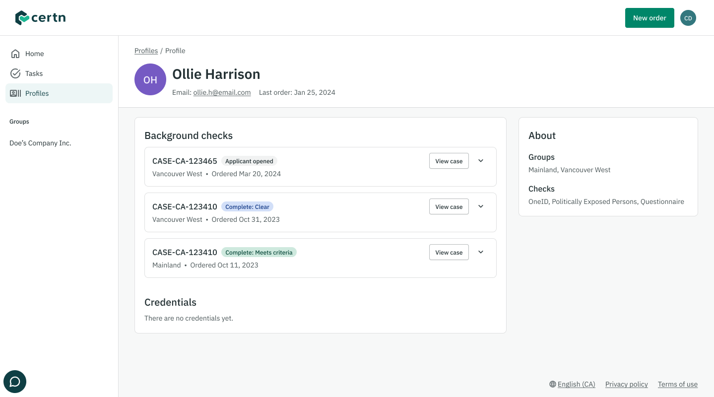 The applicant profile for Ollie Harrison is displayed in CertnCentric.