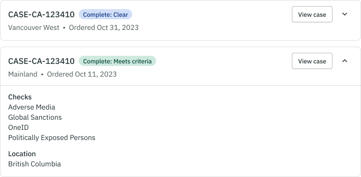 Case information cards from an applicant profile are displayed. The top card is collapsed and the one below it has been expanded to display additional case information.