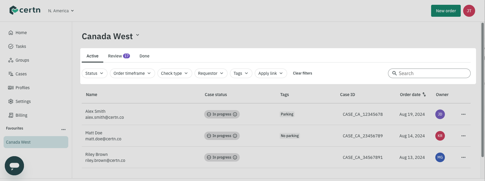 The groups overview page is shown. The search bar, filter options, and Active, Review, and Done tabs are highlighted.