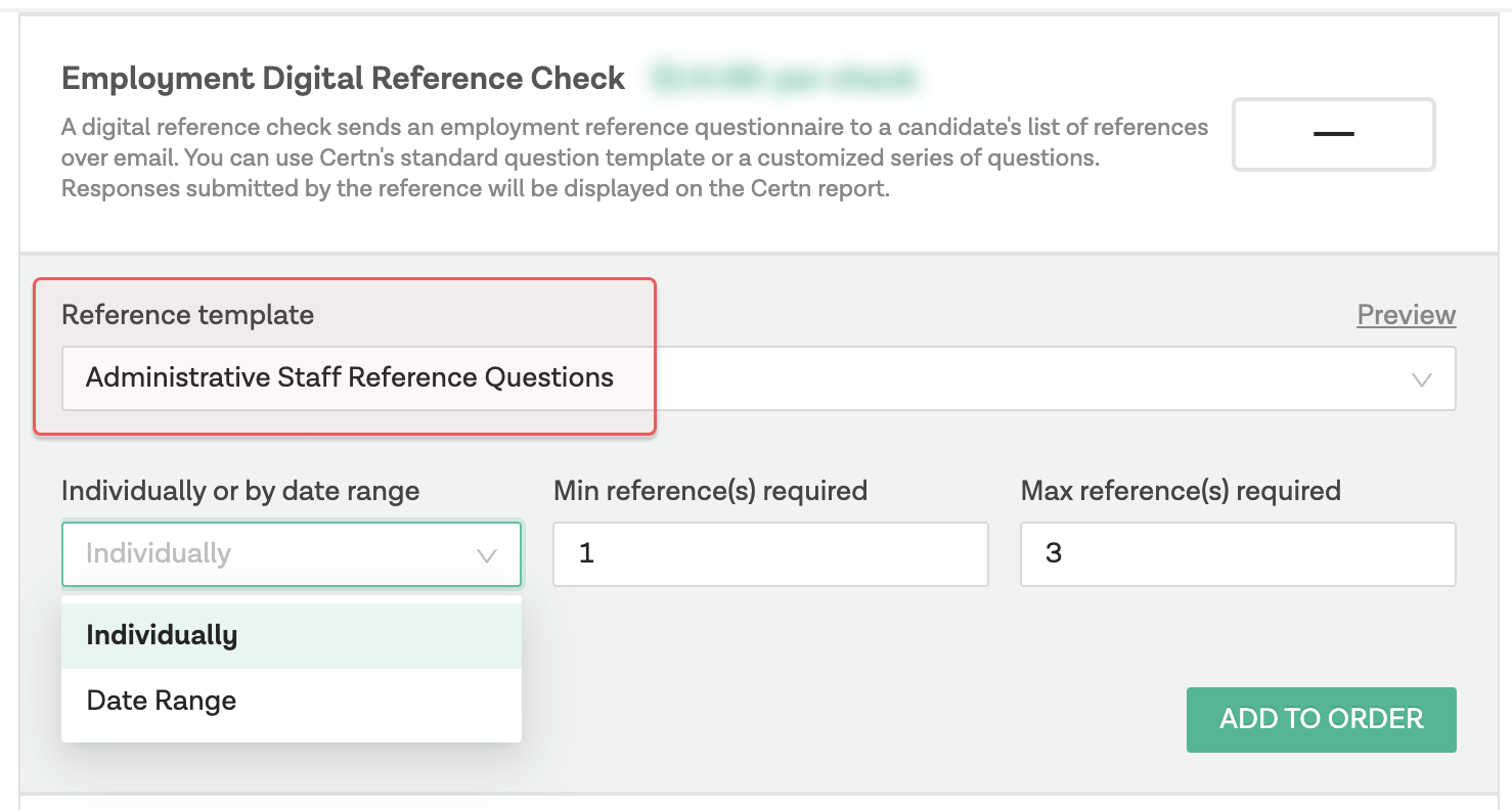 The Reference template drop-down list appears with other fields below the reference check you select.