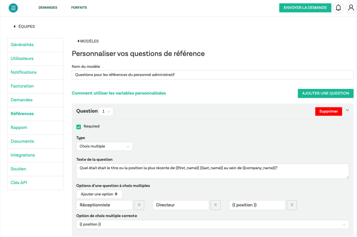 Dans un modèle de référence, vous pourrez voir une section intitulée « Nom du modèle » suivie de champs pour chaque question.